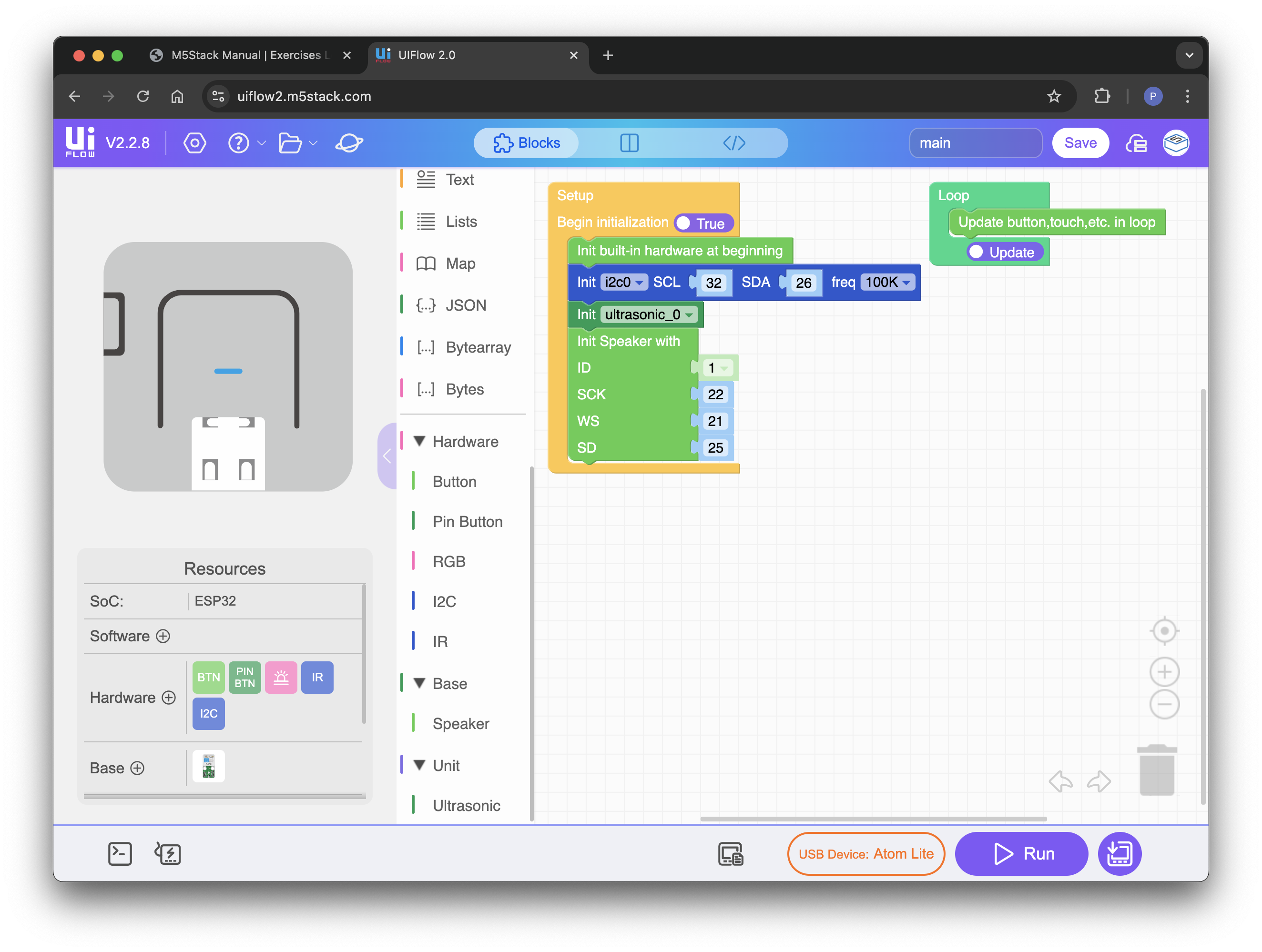 UIFlow2 add ultrasonic sensor and speakerbase